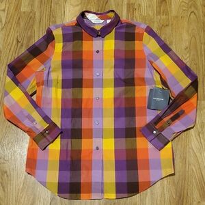 Liz Claiborne Kaleidoplaid Fashion Button Down Plaid Shirt NWT Womens Size L
